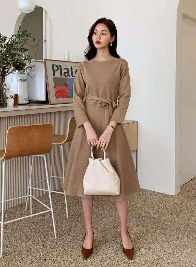 ストラップ付ボートネックニットワンピース・全2色・t58174 レディース 【ops】【ワンピース ニット ミディ丈 ミディ リ