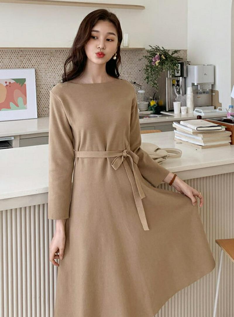 ストラップ付ボートネックニットワンピース・全2色・t58174 レディース 【ops】【ワンピース ニット ミディ丈 ミディ リ