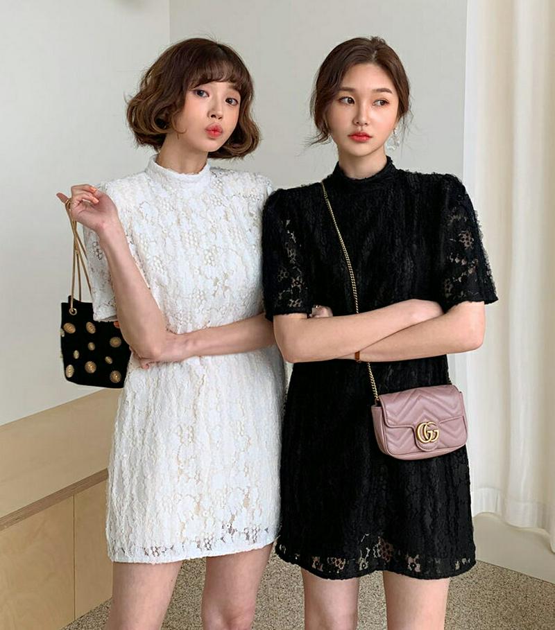 レースミニワンピース・全3色・t58173 レディース 【ops】【ワンピース ミニ丈 ミニ レース モックネック 半袖 ストレ