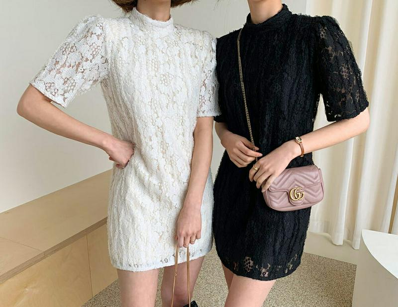レースミニワンピース・全3色・t58173 レディース 【ops】【ワンピース ミニ丈 ミニ レース モックネック 半袖 ストレ