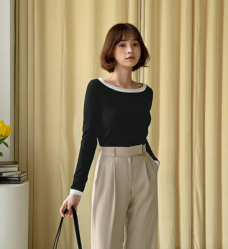 配色ラウンドリブTシャツ・全3色・t58142 レディース 【tops】【トップス Tシャツ リブ 配色 ラウンドネック ボート
