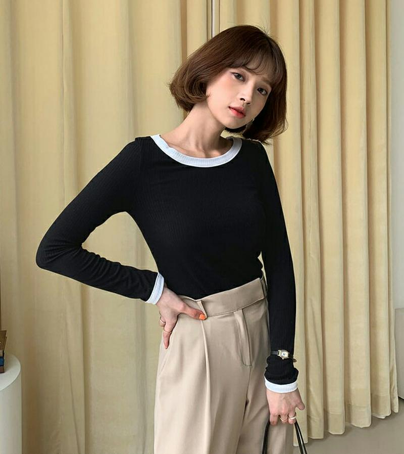 配色ラウンドリブTシャツ・全3色・t58142 レディース 【tops】【トップス Tシャツ リブ 配色 ラウンドネック ボート