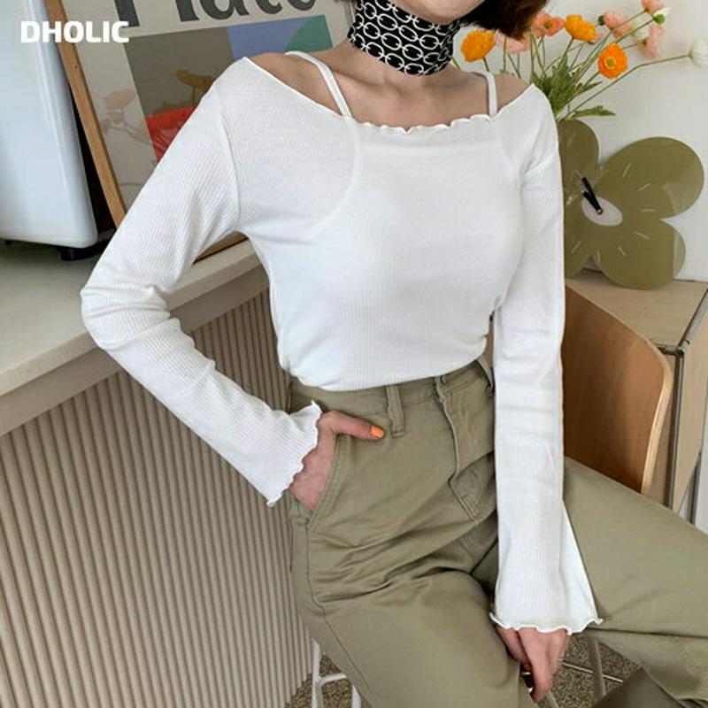リブスリーブレス&TシャツSET・全4色・t58143 レディース 【tops】【トップス Tシャツ 長袖 ボートネック キャミ