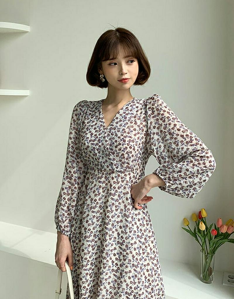 Vネック花柄ワンピース・全2色・e58138 レディース 【ops】【ワンピース ロング ロング丈 ミディ丈 ミディ 花柄 Vネ