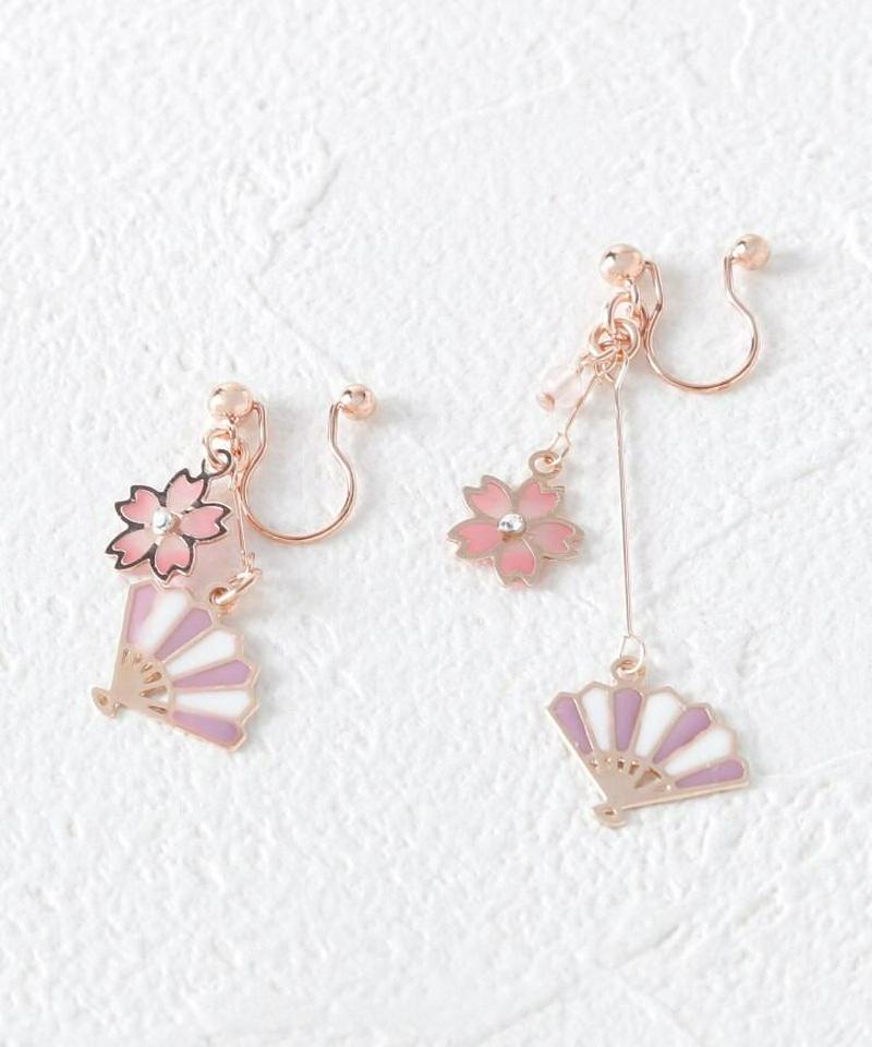 桜×扇子アシンメトリーノンホールピアス