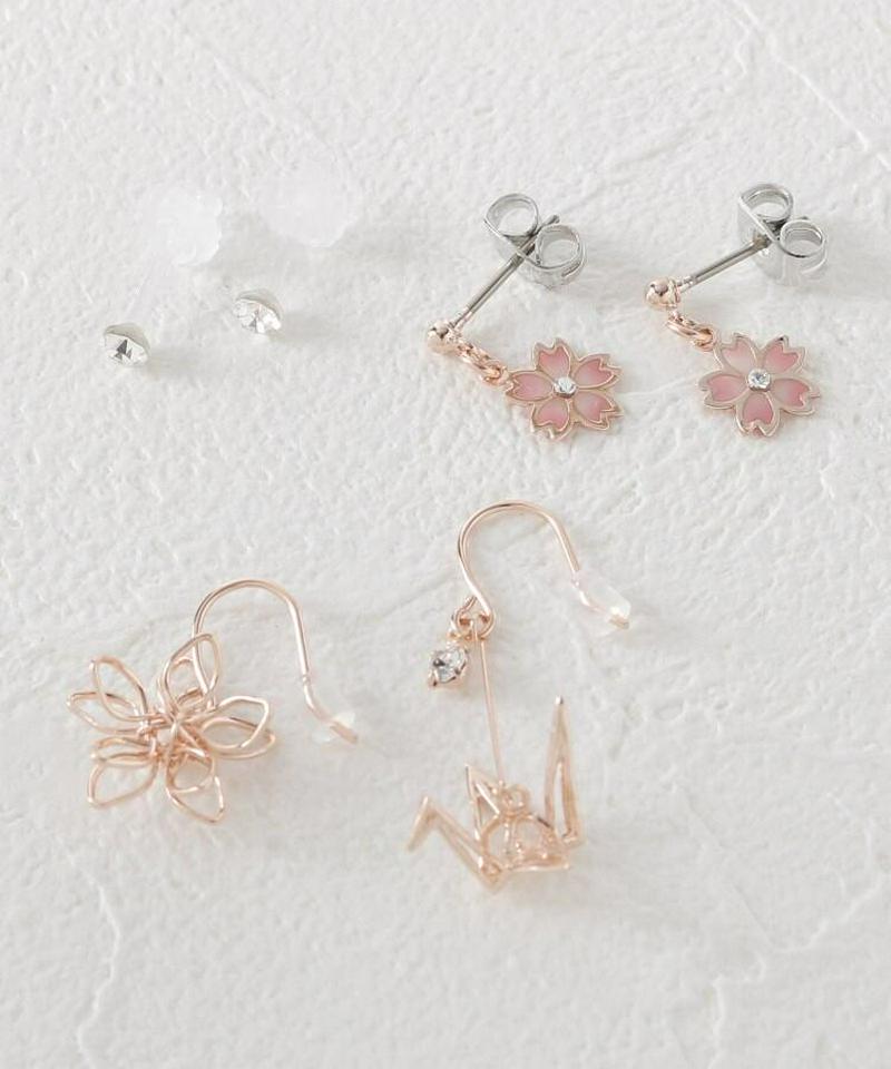 桜×立体鶴モチーフセットピアス