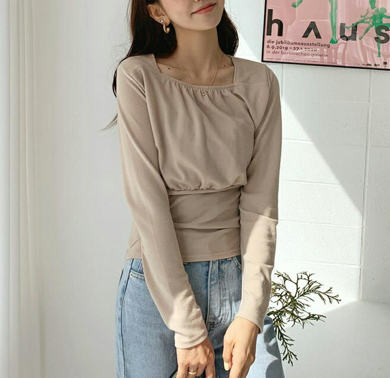 ギャザースクエアTシャツ・全3色・t55046 レディース 【tops】【トップス Tシャツ スクエアネック 長袖 無地 クロッ
