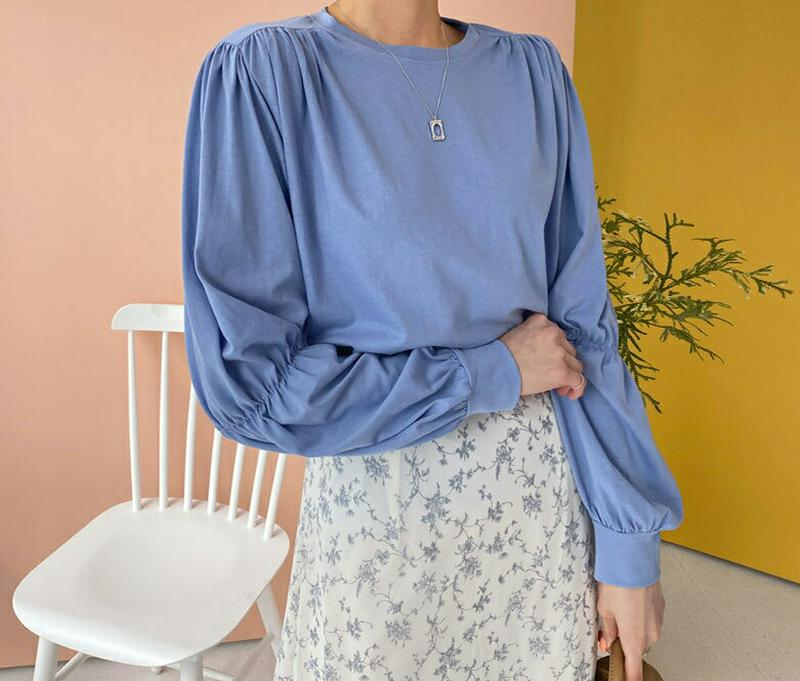 ギャザースリーブTシャツ・全4色・t55043 レディース 【tops】 韓国ファッション トップス Tシャツ ギャザー パフスリーブ 無地 長袖 パステル ユニーク 秋 春168
