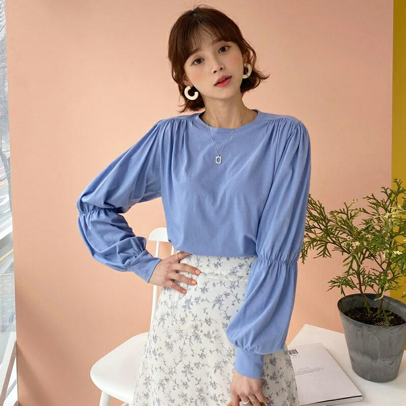 ギャザースリーブTシャツ・全4色・t55043 レディース 【tops】 韓国ファッション トップス Tシャツ ギャザー パフスリーブ 無地 長袖 パステル ユニーク 秋 春168