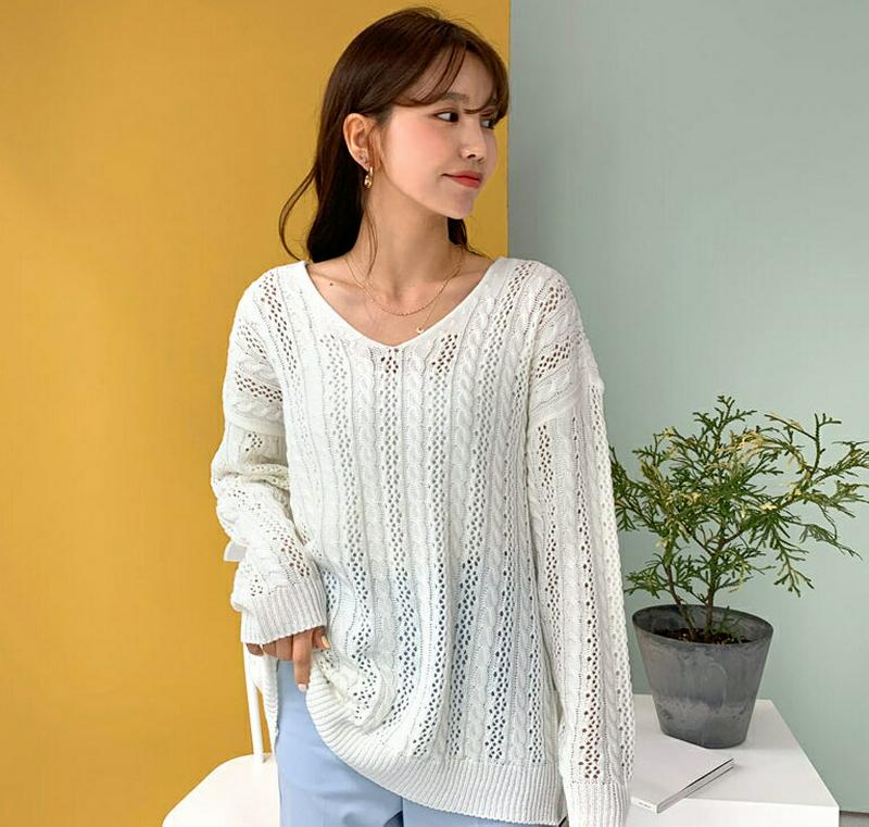 レースアップVネックニット・全6色・b55042 レディース 【tops】【トップス ニット 長袖 レースアップ ケーブルニット