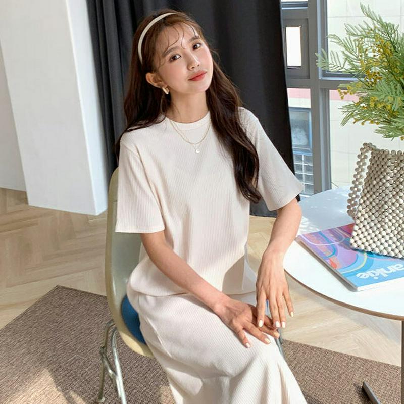 リブ半袖ロングワンピース・全4色・b55059 レディース 【ops】【ワンピース ロング丈 ロング 半袖 リブ 無地 ストレー