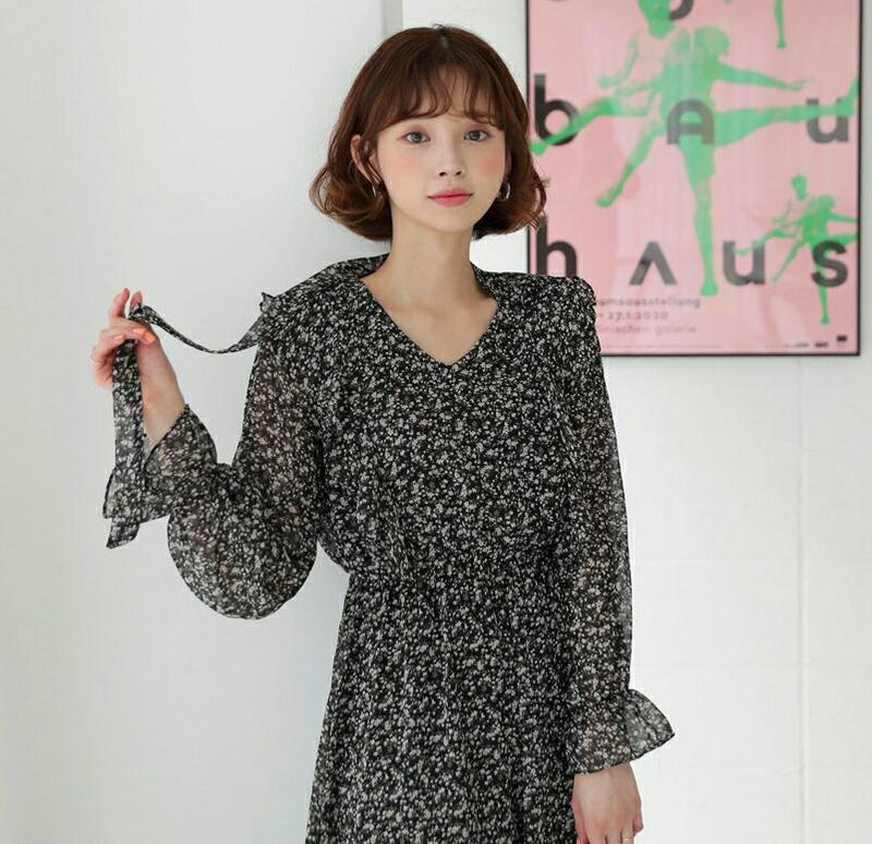 リボンネック小花柄ワンピース・全2色・t55060 レディース 【ops】【ワンピース ミディ丈 ロング ロング丈 ラッフル フ