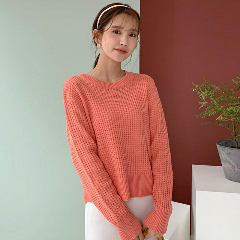 ラウンドワッフルニット・全4色・b55050 レディース 【tops】【トップス ニット 長袖 ラウンドネック ワッフルニット 