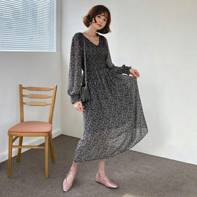 Vネックシャーリングワンピース・全2色・e55056 レディース 【ops】【ワンピース ロング丈 ロング Vネック 長袖 シャ