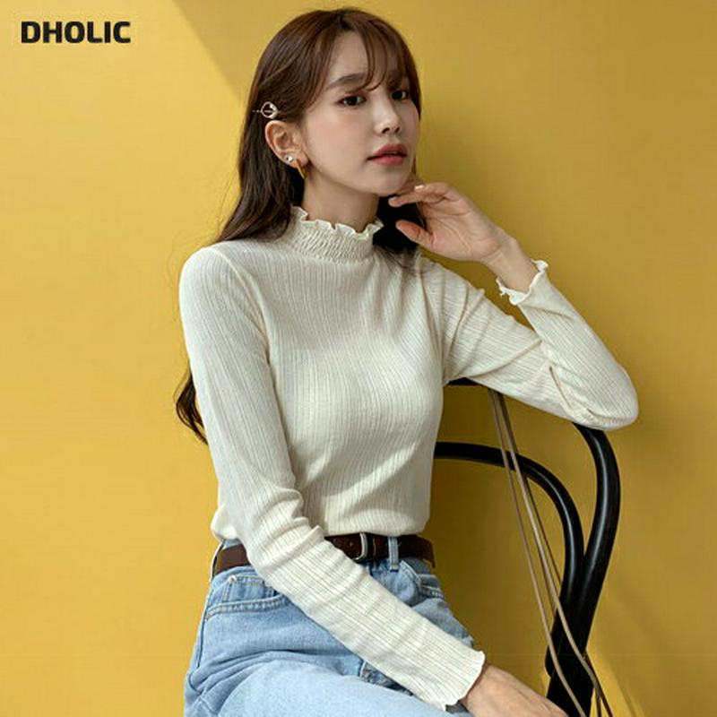 ネックシャーリングリブTシャツ・全3色・b55044 レディース 【tops】【トップス Tシャツ 長袖 ハイネック フリル シ