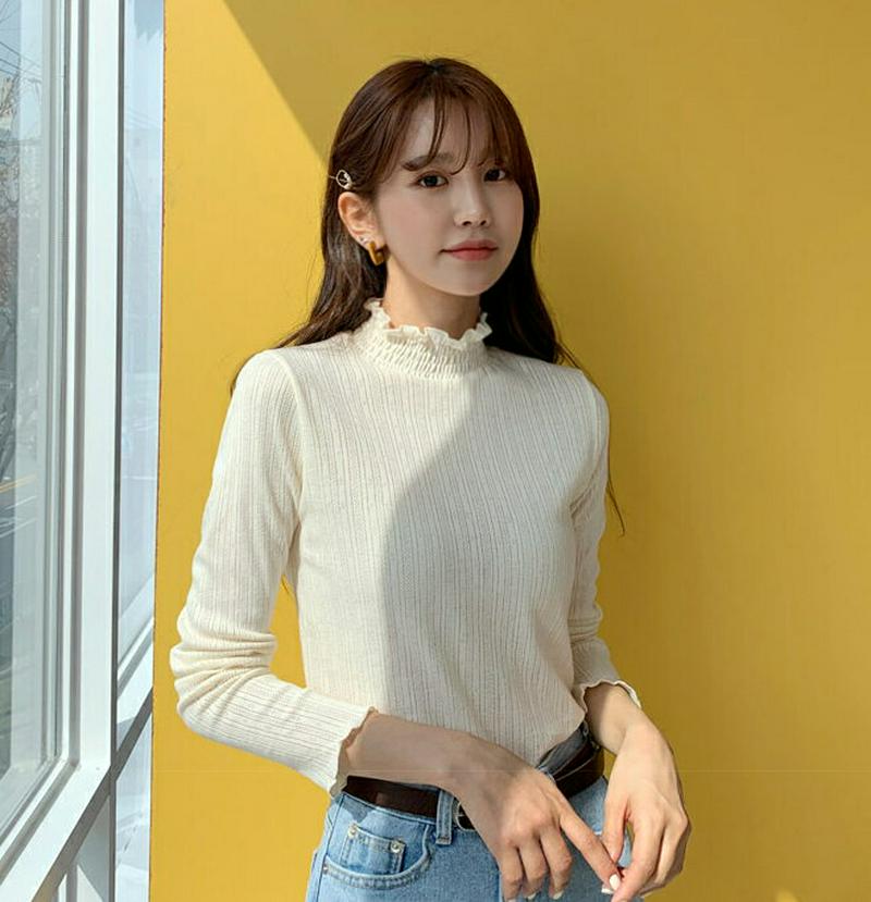 ネックシャーリングリブTシャツ・全3色・b55044 レディース 【tops】【トップス Tシャツ 長袖 ハイネック フリル シ