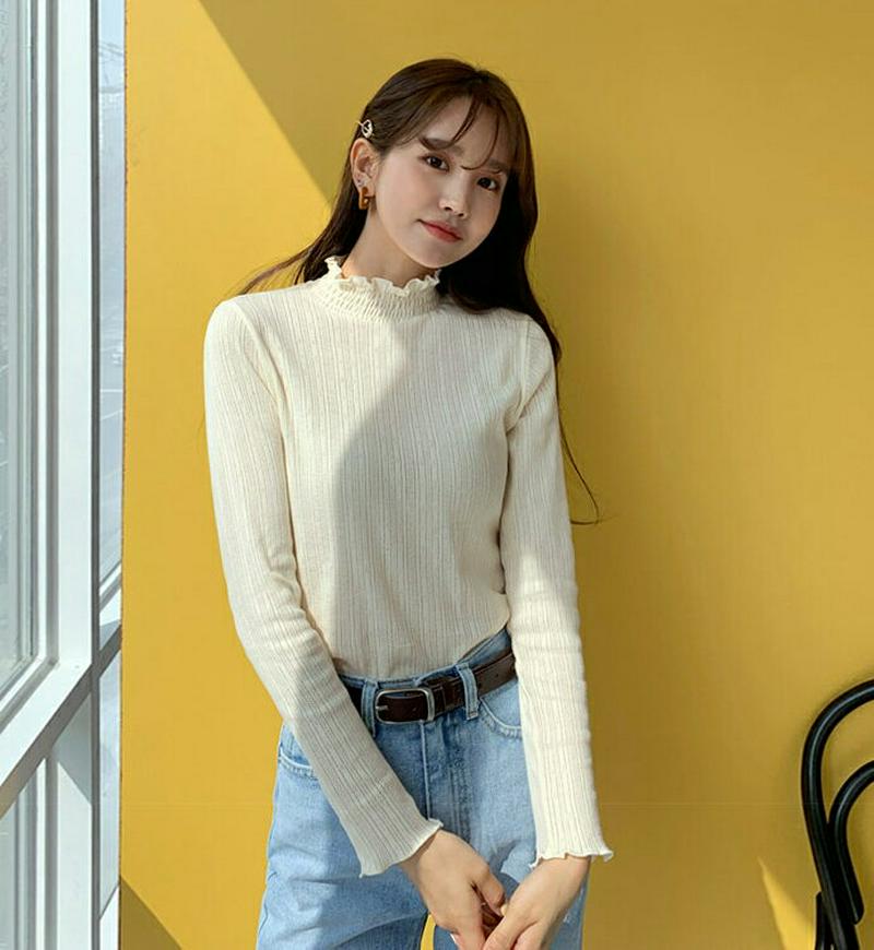 ネックシャーリングリブTシャツ・全3色・b55044 レディース 【tops】【トップス Tシャツ 長袖 ハイネック フリル シ