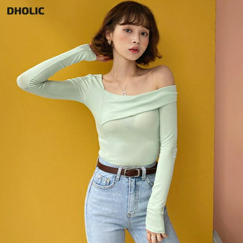 ワンオフショルTシャツ・全3色・t55045 レディース 【tops】【トップス Tシャツ 長袖 オフショルダー 無地 スリム 