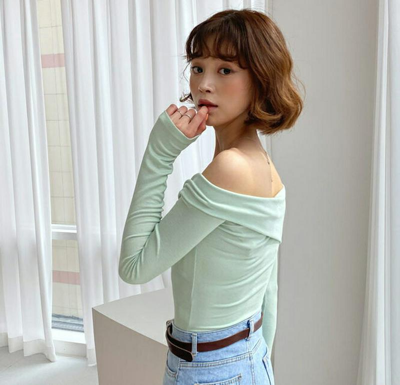 ワンオフショルTシャツ・全3色・t55045 レディース 【tops】【トップス Tシャツ 長袖 オフショルダー 無地 スリム 