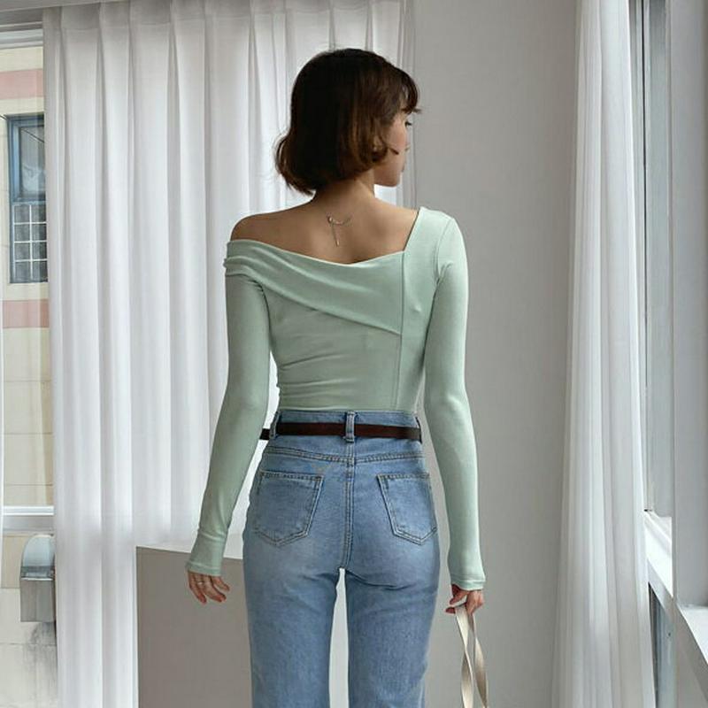 ワンオフショルTシャツ・全3色・t55045 レディース 【tops】【トップス Tシャツ 長袖 オフショルダー 無地 スリム 