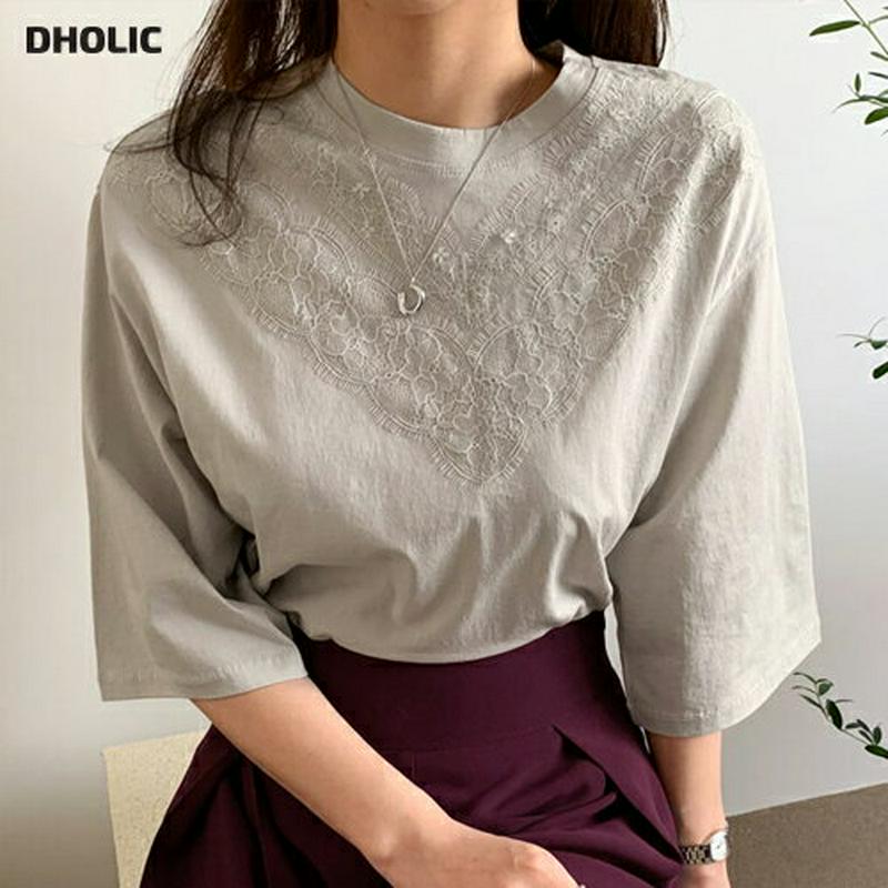 レースポイントTシャツ・全3色・b61342 レディース【tops】【トップス Tシャツ 七分丈 七分袖 7分袖 7分丈 レース