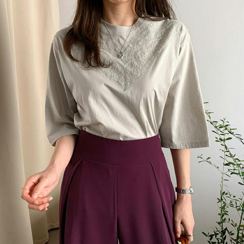 レースポイントTシャツ・全3色・b61342 レディース【tops】【トップス Tシャツ 七分丈 七分袖 7分袖 7分丈 レース