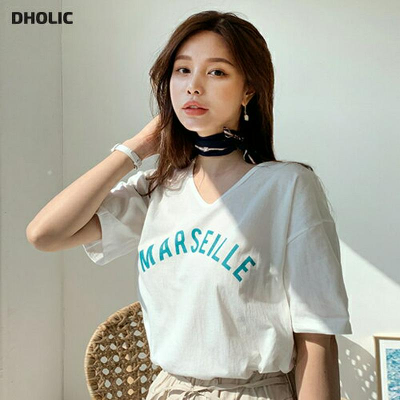Vネックロゴ Tシャツ・全4色・ レディース【tops】【トップス Tシャツ ロゴ ロゴT 半袖 ハーフスリーブ Vネック カジ