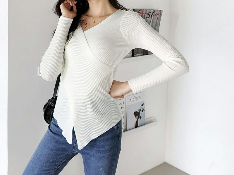 クロスVネックリブ二ット・全3色・b52838 レディース【tops】【トップス ニット デコルテ リブ 長袖 Vネック クロス