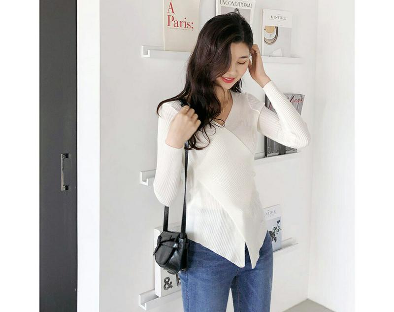 クロスVネックリブ二ット・全3色・b52838 レディース【tops】【トップス ニット デコルテ リブ 長袖 Vネック クロス