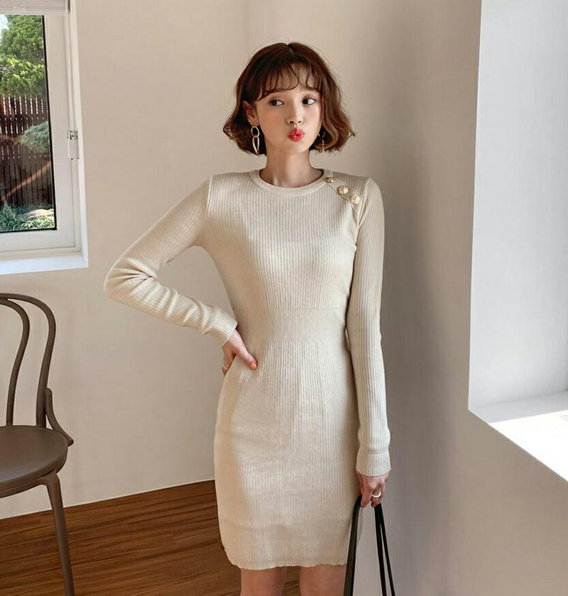 ゴールドボタンニットワンピース・全2色・b55540 レディース 【ops】【ワンピース ミニ ミニ丈 ミニワンピース ニット 