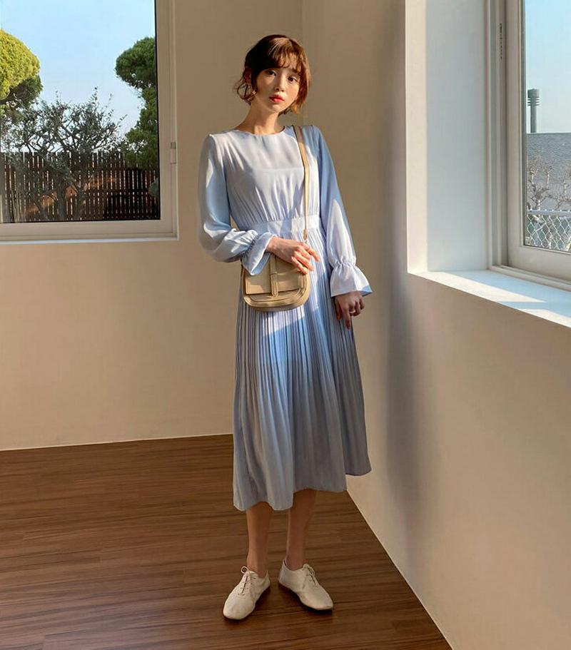 プリーツリボンワンピース・全4色・t55544 レディース 【ops】【ワンピース ロング丈 ロング プリーツ リボン フリル 