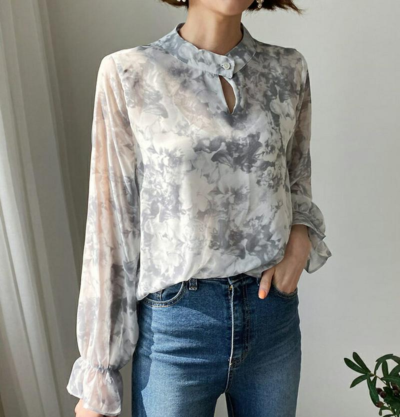 ≪人気商品再入荷≫シアーフローラルブラウス・全2色・b55532 レディース 【bl】【韓国 ファッション ブラウス トップス 長袖 モックネック スキッパー フリル 花柄 パステル きれいめ 大人 カジュアル 夏 秋 春】【fw】