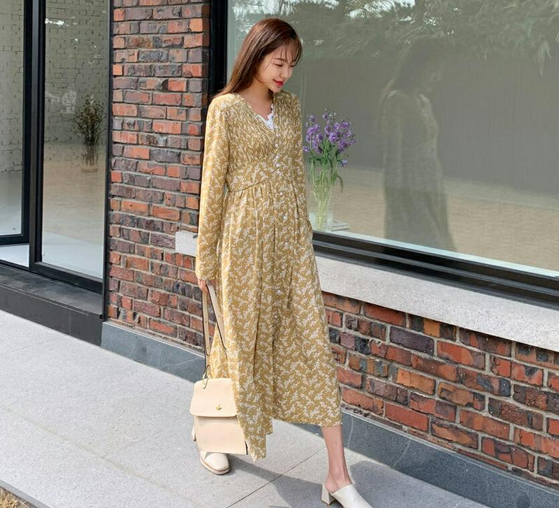 ギャザーボタン花柄ワンピース・全2色・e55539 レディース 【ops】【ワンピース ロング丈 ロング Vネック 長袖 ギャザ