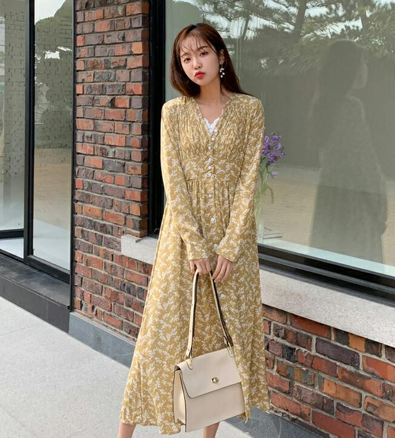 ギャザーボタン花柄ワンピース・全2色・e55539 レディース 【ops】【ワンピース ロング丈 ロング Vネック 長袖 ギャザ