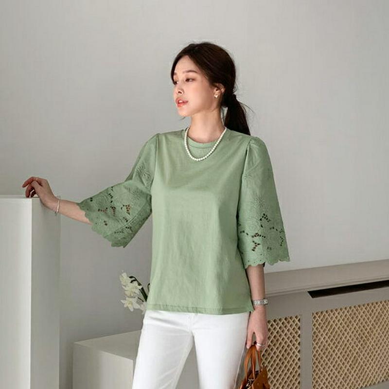 レーススリーブTシャツ・全3色・b61341 レディース【tops】【トップス Tシャツ レース 半袖 ハーフスリーブ 半端丈 