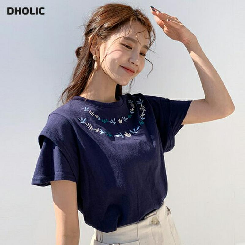 フラワー刺繍Tシャツ・全4色・b58196 レディース 【tops】【トップス Tシャツ 刺繍 半袖 フレアスリーブ 花柄 無地