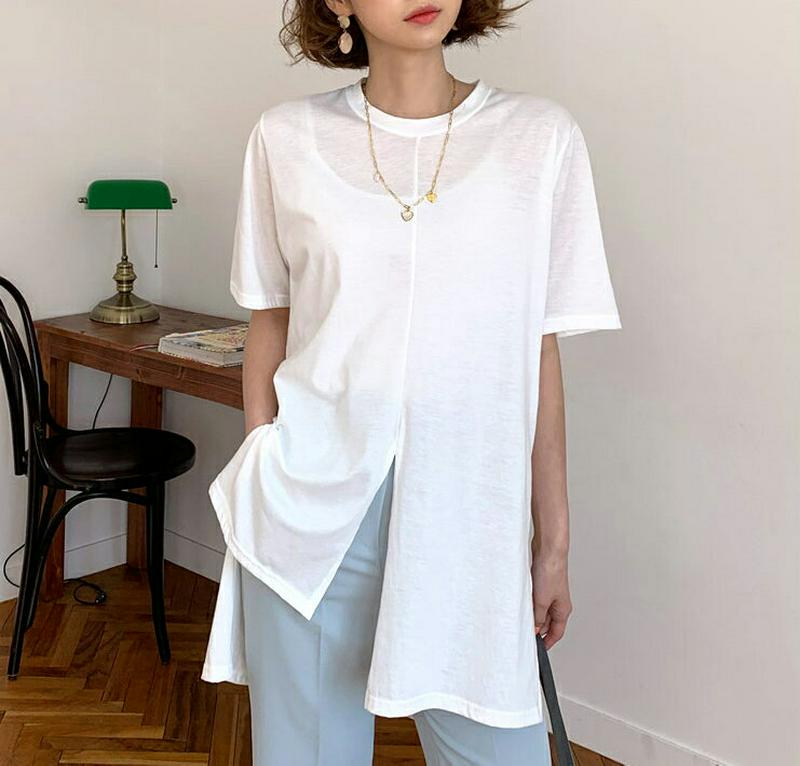 アンバランススリットTシャツ・全2色・t58195 レディース 【tops】【トップス 半袖 スリット アンバランス 無地 Tシ