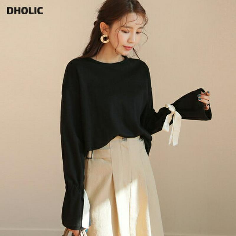 ドロストスリーブTシャツ・全2色・t58208 レディース 【tops】【トップス 長袖 フレアスリーブ 無地　リボン ゆったり
