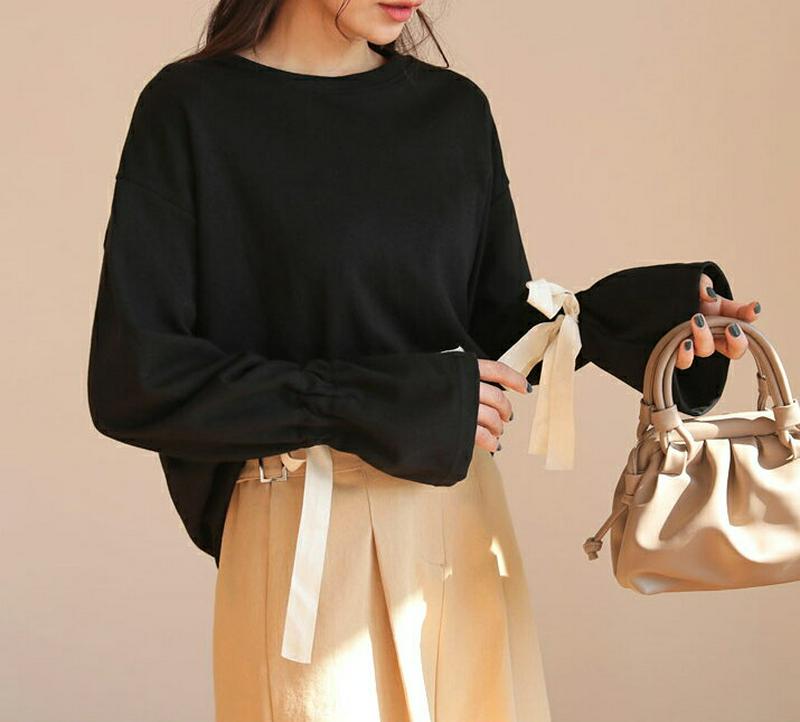 ドロストスリーブTシャツ・全2色・t58208 レディース 【tops】【トップス 長袖 フレアスリーブ 無地　リボン ゆったり
