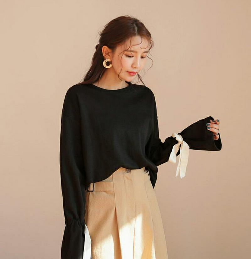 ドロストスリーブTシャツ・全2色・t58208 レディース 【tops】【トップス 長袖 フレアスリーブ 無地　リボン ゆったり
