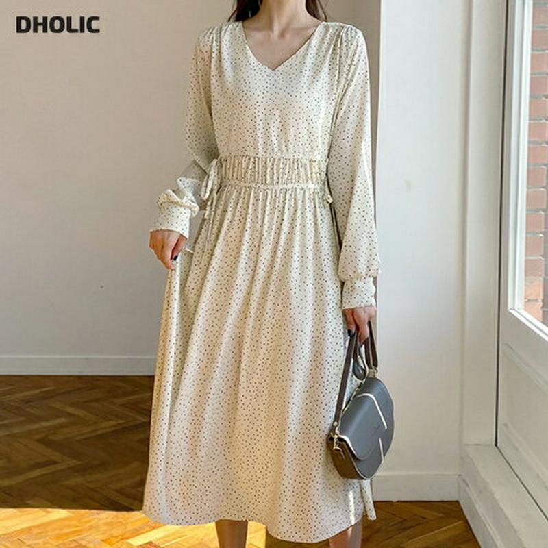 ドットダブルリボンワンピース・全3色・t58306 レディース 【ops】【ワンピース ロング丈 ロング フレア リボン ギャザ