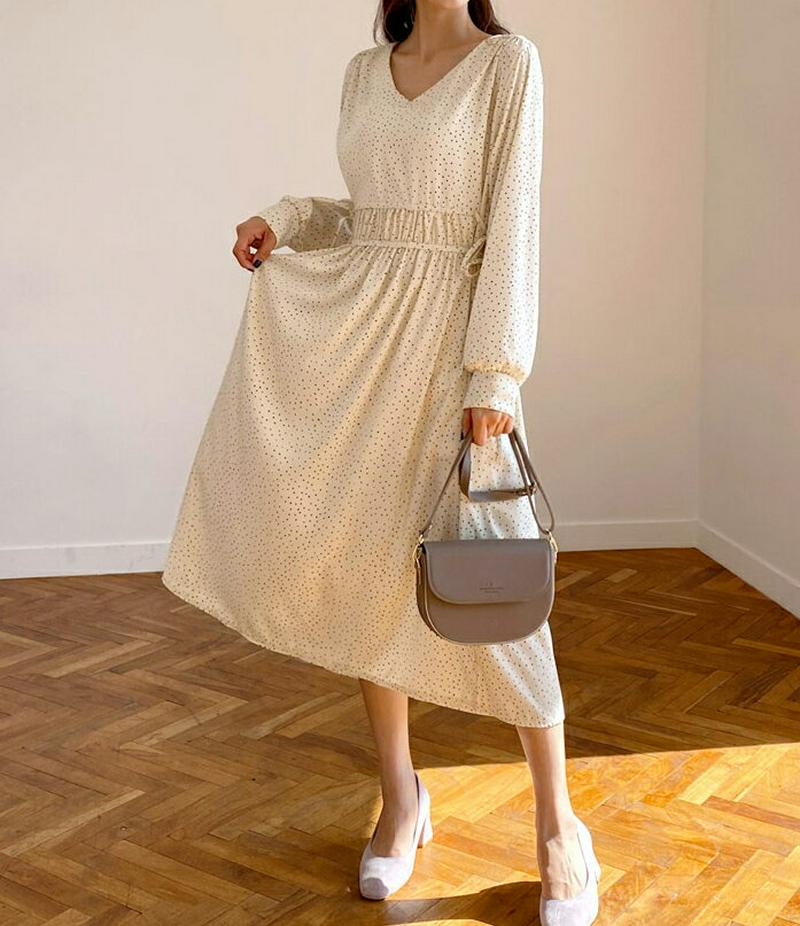 ドットダブルリボンワンピース・全3色・t58306 レディース 【ops】【ワンピース ロング丈 ロング フレア リボン ギャザ