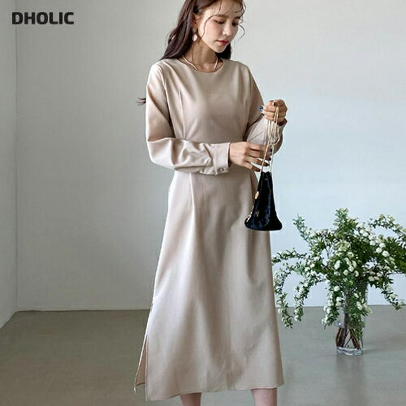 ラウンドリボンワンピース・全3色・b58226 レディース 【ops】【ワンピース ロング丈 ロング 長袖 無地 ラウンドネック