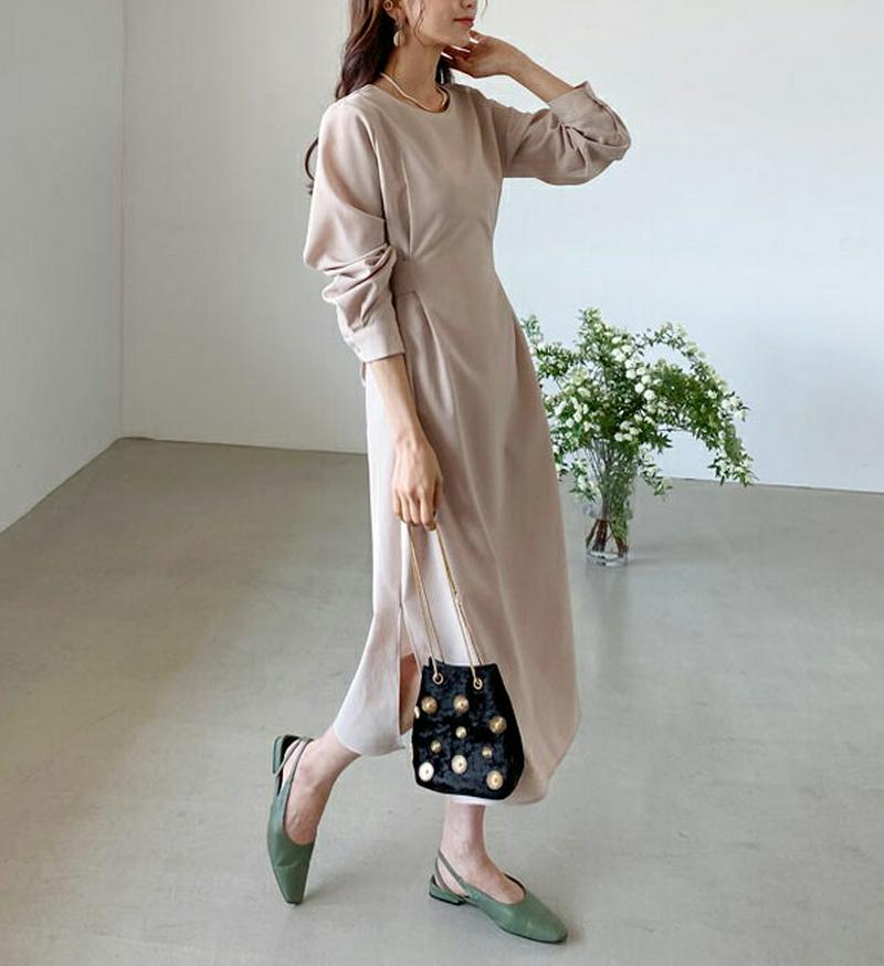 ラウンドリボンワンピース・全3色・b58226 レディース 【ops】【ワンピース ロング丈 ロング 長袖 無地 ラウンドネック