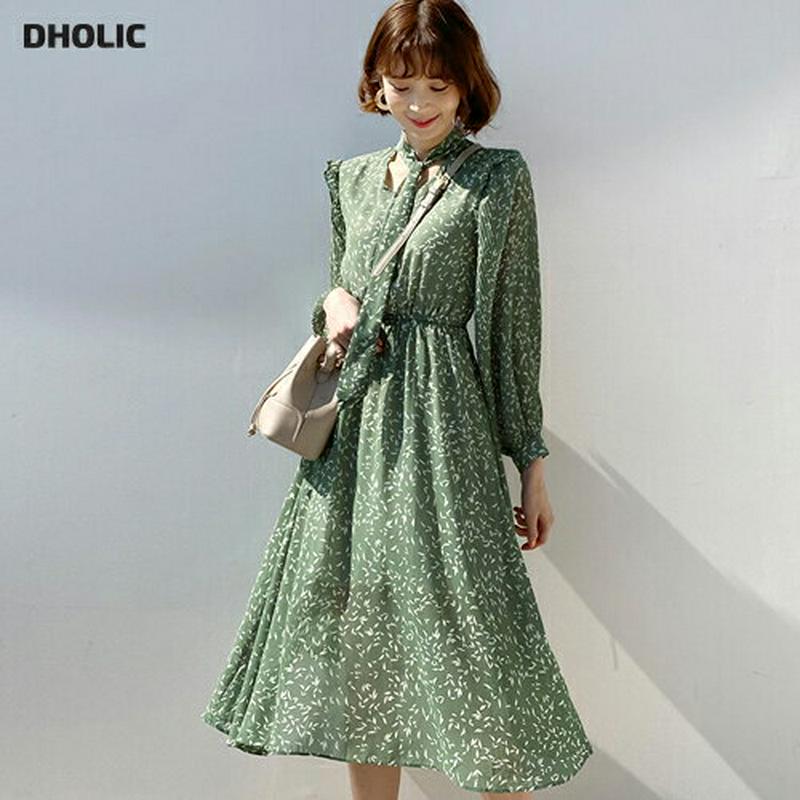 花柄フリルリボンワンピース・全3色・t58225 レディース 【ops】【ワンピース ミディ丈 ミディ フレア ネックリボン リ