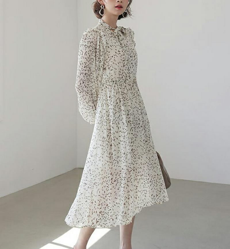 花柄フリルリボンワンピース・全3色・t58225 レディース 【ops】【ワンピース ミディ丈 ミディ フレア ネックリボン リ