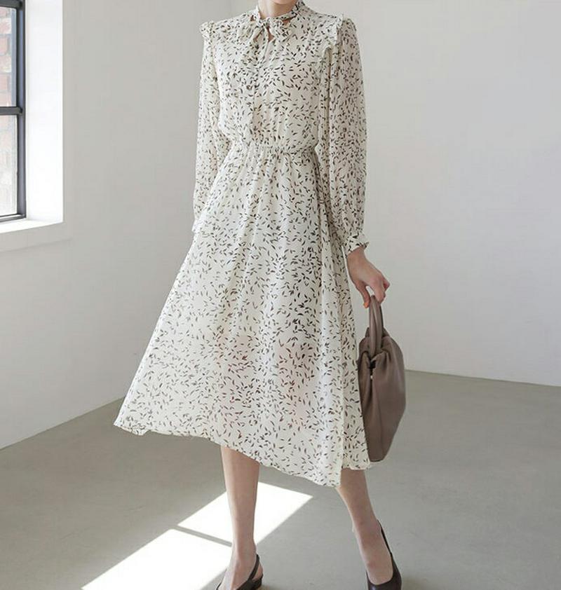 花柄フリルリボンワンピース・全3色・t58225 レディース 【ops】【ワンピース ミディ丈 ミディ フレア ネックリボン リ