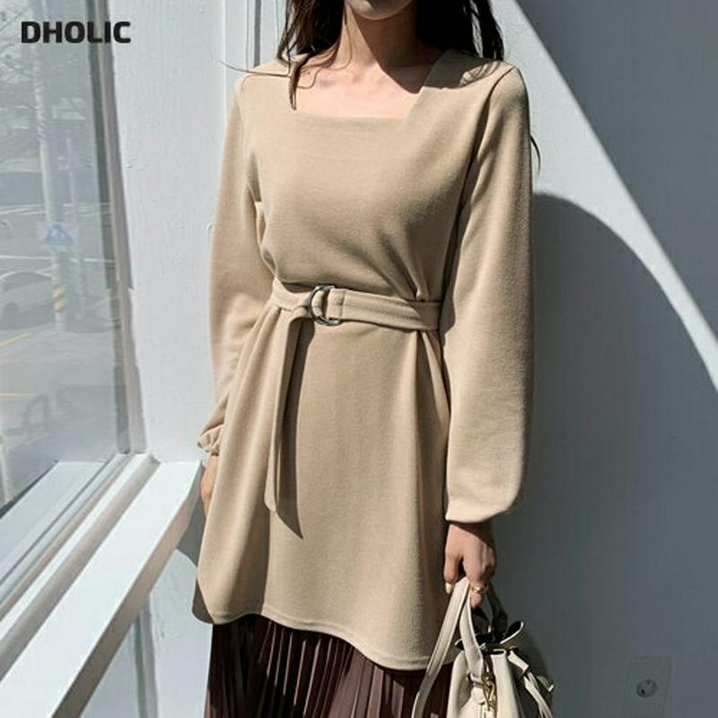 ベルト付スクエアミニワンピース・全3色・t55110 レディース 【ops】【ワンピース ショート ミニ ミニ丈 長袖 スクエア