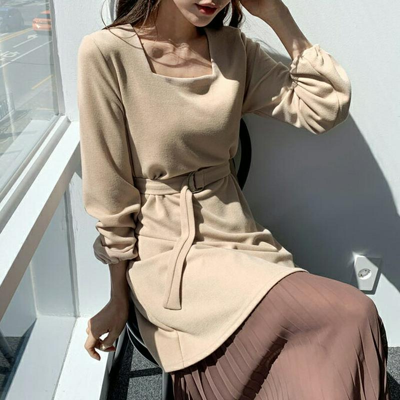 ベルト付スクエアミニワンピース・全3色・t55110 レディース 【ops】【ワンピース ショート ミニ ミニ丈 長袖 スクエア