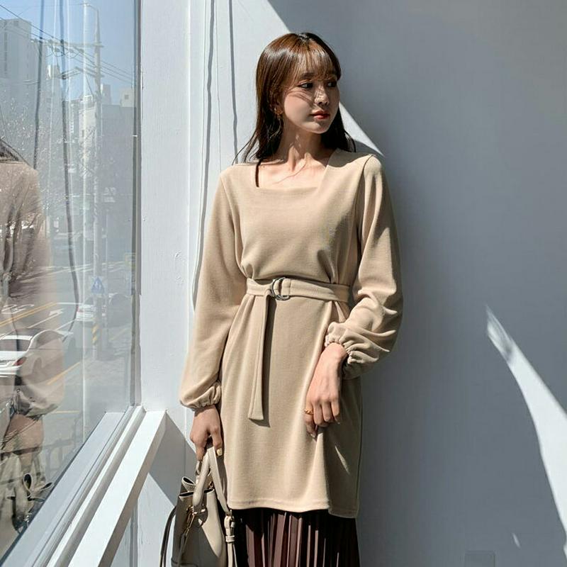 ベルト付スクエアミニワンピース・全3色・t55110 レディース 【ops】【ワンピース ショート ミニ ミニ丈 長袖 スクエア